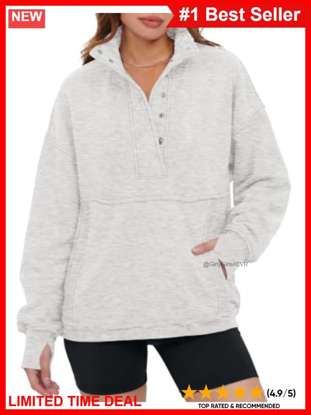 Oversized Fleece Henley Sweatshirt Snap Button Pullover Thumbholes Pocket